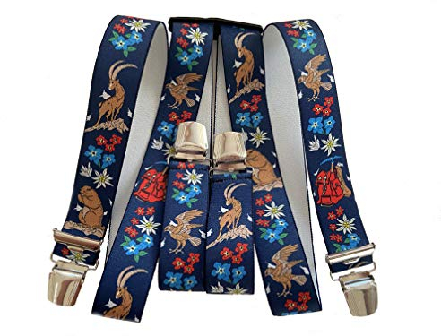 Hosenträge STEINBOCK EDELWEISS ENZIAN ADLER MURMELTIER JÄGER WANDERER ALPINIST AUSTRIA - ÖSTERREICH 35mm H-Form mit 4 extra starken Clips/Steinb.Murmeltier Blau ST-002