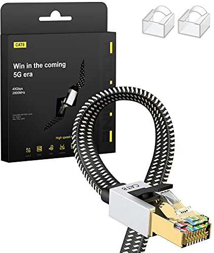 Cable Ethernet Cat8 de 2M, Cordón de Remiendo de Lan de Nylon Trenzado de Alta Velocidad, Cable Plano Blindado RJ45, para el Módem/Enrutador/Conmutador más rápido que Cat5e/Cat6/Cat7
