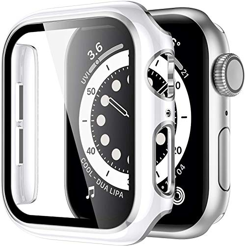 Miimall Kompatibel mit Apple Watch Series 3/2/1 42mm Hülle mit Glas Displayschutz, Silber Rand Ultradünne PC Schutzhülle Vollschutz Displayschutz Case für iWatch 42mm - Weiß+Silber