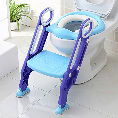 Scaletta Gradini Vasi Riduttore WC per Bambini, Sedile Imbottito, Gradini Antiscivolo con Maniglia, per 1-8 Anni (Blu+viola)