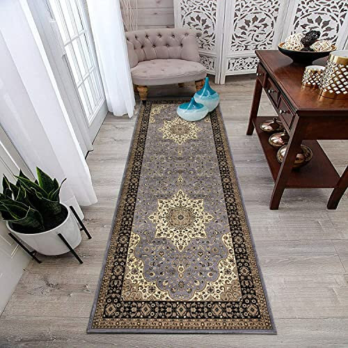 renoazul® Jute Back Kitchen Runner Rug Hallway - Rome Grey Rugs - 60 x 220 cm - Washable Bedroom Carpet Runners, Hall Rug and Door Mat Runner