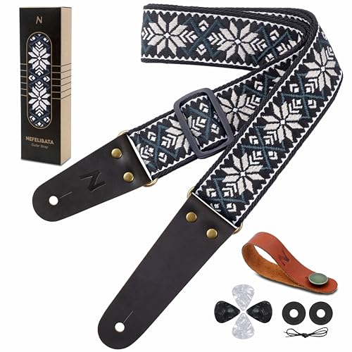 Nefelibata Gitarrengurt - Vintage bestickte Baumwollgitarrengurte mit Echtlederenden für Bass-, Elektro-, Akustikgitarren, mit kostenlosem Gurtknopf, 2 Gurtschlössern und 4 Gitarrenplektren