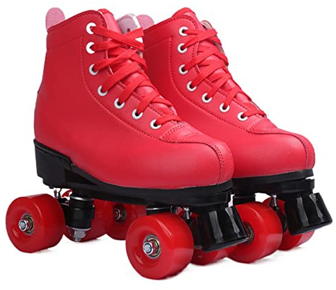 XVBVS Damen Rollschuhe, Fashion Red Zweireihige Skates, Indoor und Outdoor PU Leder High-Top Quad Rollschuhe für Anfänger Erwachsene Kinder Damen Mädchen (42,Rot)