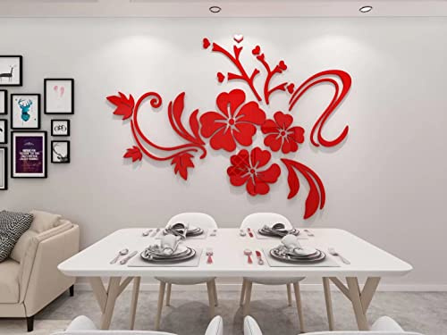 guangmu 3D Wandaufkleber Blumen Spiegel Wandtattoo Blumen Aufkleber Moderne Kunst ​Wanddeko Sticker für Wohnzimmer Halle Schlafzimmer Home Sofa Wand Badezimmer Kindergarten, 6.rot, M:124cm * 165cm