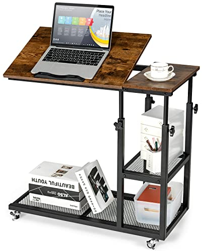 COSTWAY Beistelltisch Holz, höhenverstellbar & neigbar, Sofatisch C-Form, 3 Ebenen Laptoptisch mit Rollen, 80 x 40 x 95 cm, für Wohnzimmer & Schlafzimmer (Vintage)