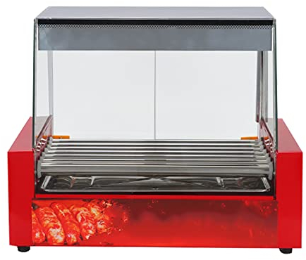 Asador de Salchichas Máquina, Hot Dog Roller Machine, Sausage Grill Cooker Machine, 7 Roller Grill Cooker Machine con Bandeja de Goteo de Acero Inoxidable Extraíble y Cubierta de Campana de Vidrio