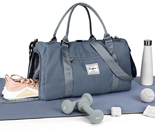 HYC00 Sport Duffel Bag Damen Herren, Sporttasche mit Nassfach & Schuhfach Reise Duffel Bags Übernachtungstasche Reisetasche Handgepäcktasche Fitnesstasche Trainingstasche Weekender Bag,Grau Grün