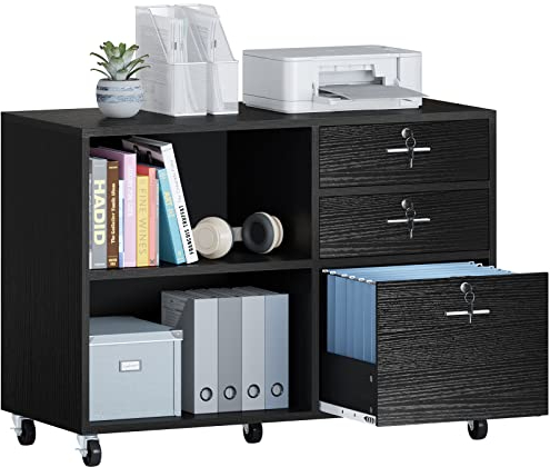 YITAHOME 3 Schubladen Mobile Aktenschrank für A4, Briefgröße Dokumente, Holz Seitenschrank für Home Office, Druckertisch mit offenen Fächern, Aktenschrank, Schwarz