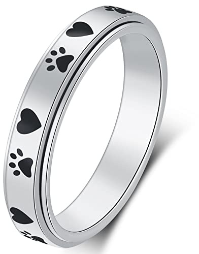 AmorArtSky Spinnerring für Angstlinderung, Zappeln: Welpe, Haustierliebhaber, Pfotenabdruck-Ring, Angstring für Frauen und Mädchen, Titan-Edelstahl, Spinnerring, Liebe, Hund, Katze, Krallenring