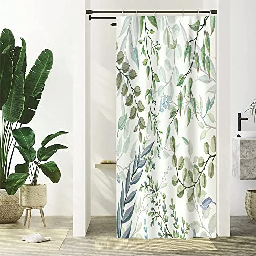 Uiiooazy Duschvorhang 90x180cm, Duschvorhang Schmal Grün Anti Schimmel Blau Grau Blätter Eukalyptus Klein Duschvorhänge Wasserdicht Polyester Stoff Waschbar Bad Vorhang mit 6 Haken für Badezimmer