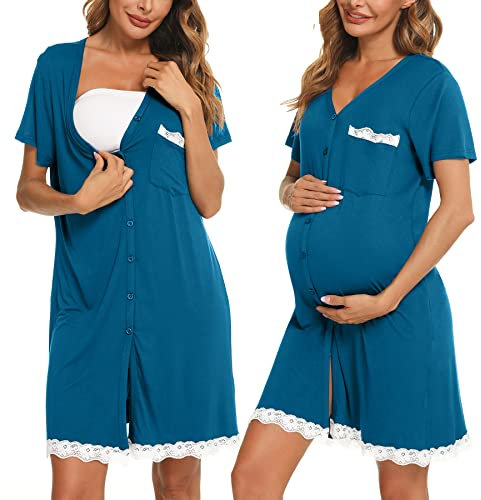 Uniexcosm Chemise Nuit Allaitement Maternité Coton Robe de Nuit Femme Enceinte Col en V Manches Courtes Devant Ouvert Chemise de Nuit Femme Grossesse Lac Bleu XL