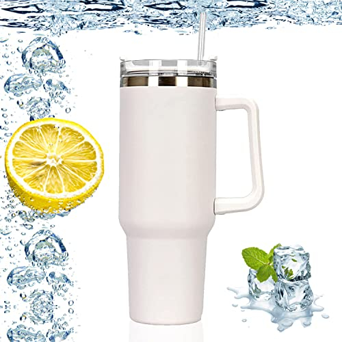 Tasse à Café Acier Inoxydable,Double Isolée Tasse Isotherme,Gobelet isotherme en acier inoxydable avec couvercle et paille,Tasse Isotherme Voyage sous vide pour Café Chaud et Froid, sans BPA (Blanc)