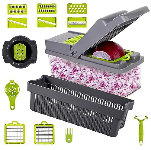 AOMACO Gemüseschneider, 14-in-1, Gemüsehacker, Würfelschneider mit 8 austauschbaren Edelstahlklingen, Gemüsewürfelschneider zum Schneiden von Obst, Kartoffeln, Karotten, Knoblauch (grau)