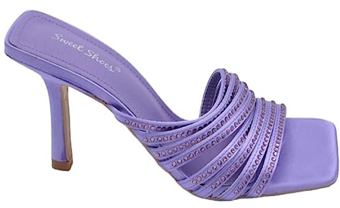 Sandalo Gioiello Donna Lilla Tacco Sottile 8cm in Raso Fasce Sottili Oblique con Strass Cerimonia Evento Open Toe (37 EU)