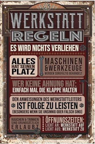 LUCKYLINDE Blechschild für WERKSTATT und GARAGE – lustiger Spruch, Werkstattregeln, Handwerker und Schrauber Deko Schild, 20x30cm (Regeln)
