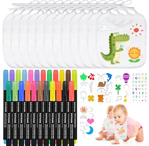 Tigvio Lätzchen zum Bemalen - 12 Baby Lätzchen 20*24cm, 24 Bunt Textilstift, 5 Schablonen für Babyparty Spiele, Gender Reveal Geschenk und Deko