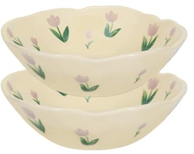 Koythin Salad Bowls Set of 2, Cute Purple Tulip Flower Ceramic Bowls, Cream Yellow Serving Bowl for Pasta, Cereal, Fruit, Soup, Rice, Dishwasher and Microwave Safe (Purple Tulip Set of 2)