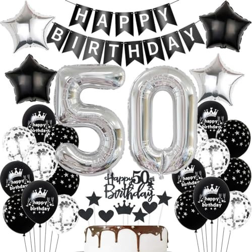 Schwarz Silber Luftballons 50. Geburtstag Dekoration,Schwarz Silber Geburtstagsdeko 50 Jahre Frauen Männer,Ballons 50. Geburtstag Mann, 50 Jahre Tortendeko,50. Party Deko