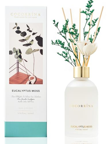 Cocorrína Raumduft mit 8 Duftstäbchen 200ml, Eukalyptus Moos Blume Zimmerduft, Reed Diffuser für Badezimmer Regal Dekoration