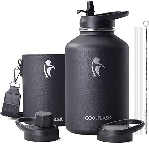 Coolflask Botella de agua de 2L con aislamiento y funda de piel de PU, Botella de agua de acero inoxidable con tapas de pajita y contraste de colores, Mantiene el frío 48h Caliente 24h, Negro polar