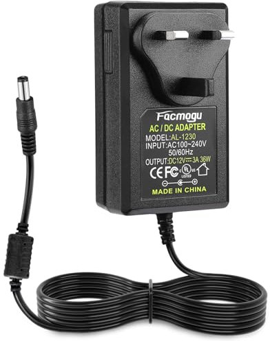 Facmogu 12V 3A Power Wall Adapter, AC 100-240V to DC 12V UK Plug Power Supply, 36W 3-Pin UK Plug Transformer Converter Adapter with 5.5mm x 2.5mm & 2.1mm Output Jack for LED Light Strip, Monitors, Amp
