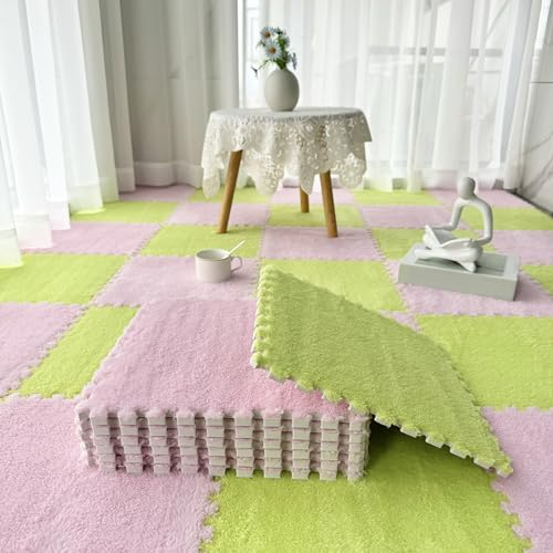 120 Stück Puzzle-Teppiche, Ineinandergreifende Teppichfliesen, Puzzle-Teppichfliesen, Plüschschaum-Bodenmatte, Heimspielzimmer, Wohnzimmer(Size:0.39 inch,Color:Hellgrün+Rosa)