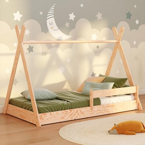smartwood Hausbett 70x140 cm mit Lattenrost, aus Kiefernholz, Tipi F | Montessori Bodenbett, Rausfallschutz, Einstiegshöhe 14cm, Belastbar bis 230kg, FSC-Holz, abgerundete Kanten, Einfache Montage