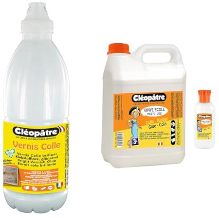 Cléopâtre - LCC1-1000 - Vernis Colle brillant - Flacon 1 kg 8 x 8 x 27 cm Blanc & Colle blanche vinylique au format de 2 kg + 1 flacon de 100gr rechargeable
