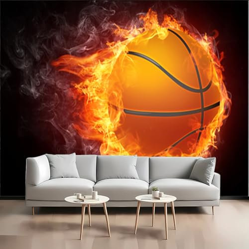 Cool Flame Basketball 3D Wallpaper, 200Wx140Hcm Basketball Enthusiast Mural, Bedroom Living Room Tv Floor Large Wall Mural, Silk Non-Self-Adhesive Wall Painting Wallpaper Home Decor