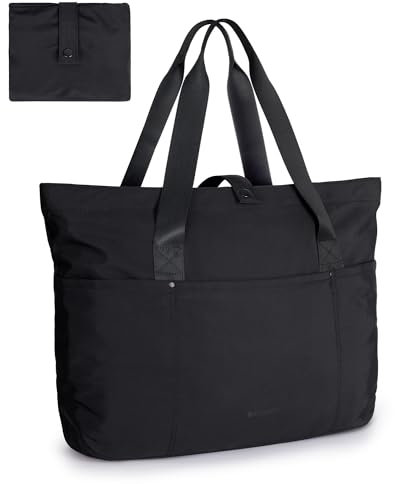 bagsmart Damen Umhängetasche, Faltbare Einkaufstasche, 20 L Tragetasche mit Tragegriff Oben mit Reißverschluss für Reisen, Arbeit, Fitness, Yoga, Schwarz