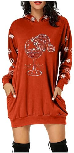 Ladies Cute Bow Hat Christmas Wine Glass Printed Pullover Hoodie Dress Summer Dresses for Work for Women UK Novelty Long Sleeve Shirts Casual Pullover Loose Christmas Tree Print Sweatshirt (Orange, S)