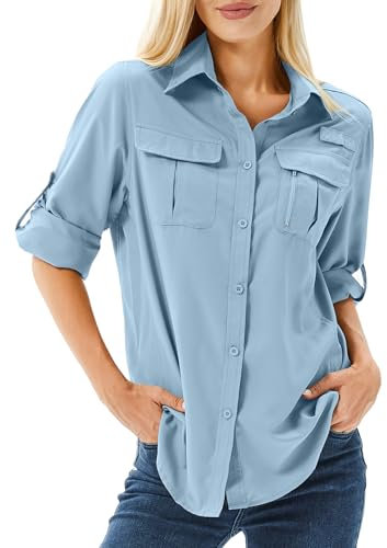 Women's UPF 50 Shirts Long Sleeve Sun Protection UV Quick Dry Casual Outdoor Safari Walking Fishing Hiking Travel Shirts(Blue-m)