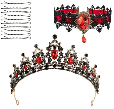 Barock Braut Kronen mit Gothic Halskette für Frauen Vintage Kristall Rot Strass Stirnband Tiara Rhinestone Glänzend Königin Prinzessin Princess Decoration für Halloween Karneval Hochzeit Geburtstag