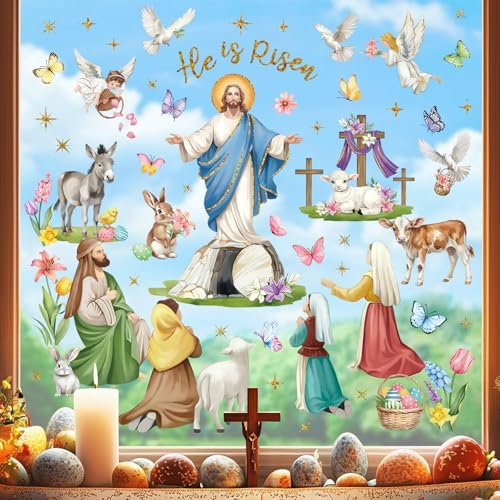 decalmile Fensterbilder Ostern Jesus Fensteraufkleber Christlich Osterhase Fenstersticker Ostereier Osterküken Anti-Kollision Glas Fensterdeko Aufkleber