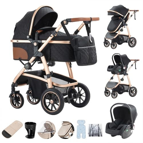 Zkiprm 3 in 1 Kinderwagen, Reisesystem, Babywanne Buggy&Sportsitz, Höhenverstellbare Armlehnen und Kinderwagen mit Aluminiumgestell, Mumientasche/Moskitonetz/Baumwollmatte, für Neugeborene 0-4 Jahre