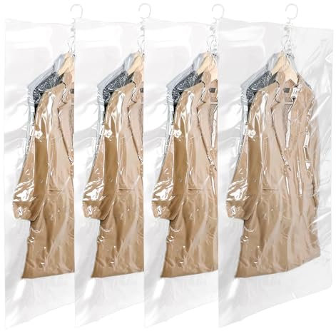 Luziyun Bolsas Colgantes de Almacenamiento al Vacío, 4 Piezas 70x110cm, Bolsas de Vacío para Ropa, Trajes, Vestidos, Abrigos y Chaquetas, Organizador de Armario Transparente y Reutilizable