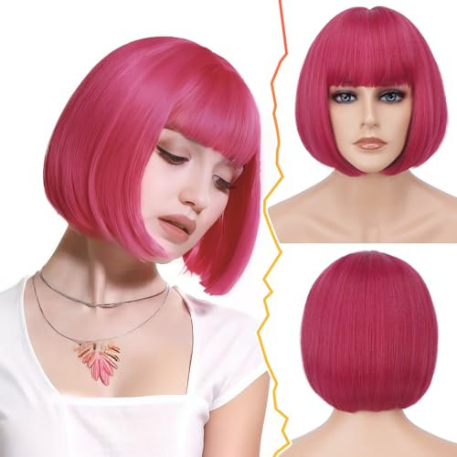 BARSDAR Kurze Bob Perücken mit Pony, 30cm Gerade Voll Rosa Rot Bob Perücken mit Pony für Frauen Natürlich Hitzebeständige Synthetische Haar Replacement Perücke Tägliche Halloween - Rosa Rot