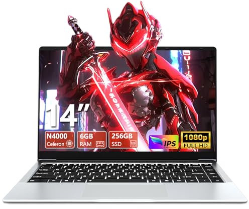 14,1 Pollici PC Portatile, Notebook Celeron N4000 Processor, Win11 PC Portatile 6GB LPDDR4 RAM 256GB SSD, 1920*1080P Schermo 80°Flip, UHD Graphics 600, Mini-HDMI/USB3.0, Batteria 7.6V/5000MA