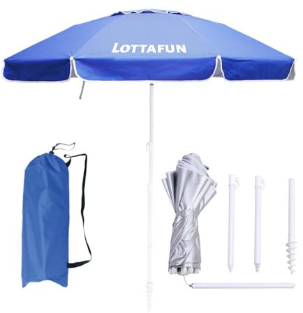 LOTTAFUN Strandsonnenschirm, windfester, robuster Sonnenschutz mit UV 50+, tragbar, mit Sandanker, Tragetasche, klappbarer Outdoor-Sonnenschirm für Strand, Pool, Terrasse, Garten, 1,8 m (Dunkelblau)