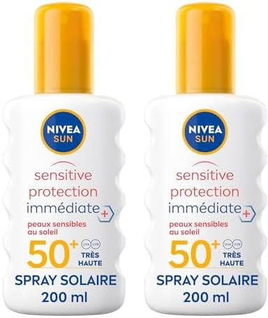 NIVEA SUN Sonnenspray Sensitive Sofortschutz LSF 50+ (1 x 200 ml), Sonnenschutz geeignet für empfindliche Haut, leichter & fettfreier Sonnenschutz (Packung mit 2)