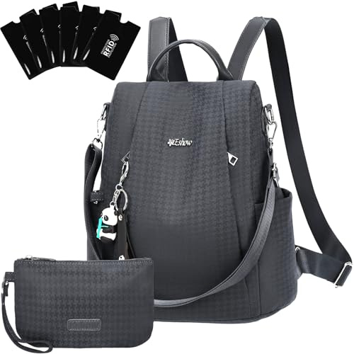 Eshow Rucksack Damen Klein, Anti-Diebstahl Kleiner Cityrucksack Tagesrucksack Elegant, 3 in 1 Rucksacktasche mit Clutchbag & RFID Blocker Modern für Pendeln Schule Arbeit Reise Grau