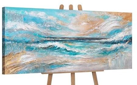 YS-Art Bunte Bilder auf Leinwand mit Gold Akzenten Schöne acrylbilder gemalte Meer handgemalt Wandbild Acrylmalerei modern Wohndekor Bilder Büro echte Kunst 115x50 cm