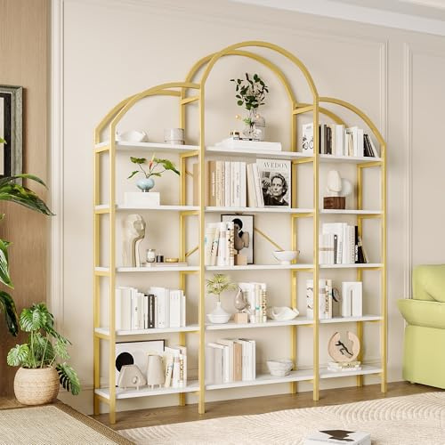 Merax Metallregal 170x25x190cm, aus Stahlrohr-MDF, 5 Schichten Stauraum, Wolkenform, modernes Design, einfach zu montieren, Elegantes Aussehen, vielseitig, leicht zu montieren, Gold & Weiß