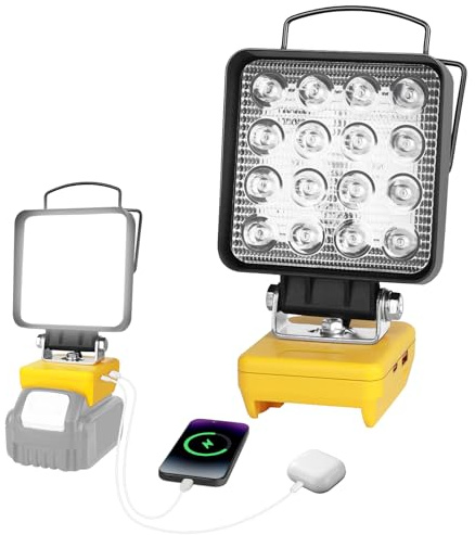 iTayga Akku Lampe Für Dewalt 18V/20V, 48W 6500K Kabellose LED Arbeitsleuchte Akku, Tragbare Flutlichter mit 2 Modi Helligkeit/Typ-C/USB-Aufladung für Baustelle Garage Autoreparaturen(Kein Akku)
