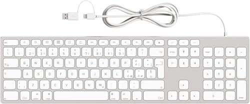 Tastiera QWERTY cablata per Apple Mac OS, IOS, iMac, Macbook e Computer Laptop Windows, sottile in alluminio, plug and play, USB e Type-C, italiana layout ITA grigia argentata con tastierino numerico