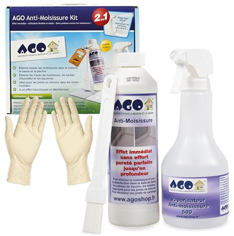 AGO Kit 2en1 Anti-moisissure 0,5 l – produit anti-moisissure hautement concentré pour murs, salles de bains, douches et joints en silicone, à vaporiser ou à appliquer au pinceau