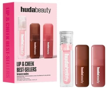 Huda Beauty Lip & Cheek Best-Sellers Bronze Nudes Set, 2 Liquid Blush und Faux Filler Lip Oil, Strahlender Finish