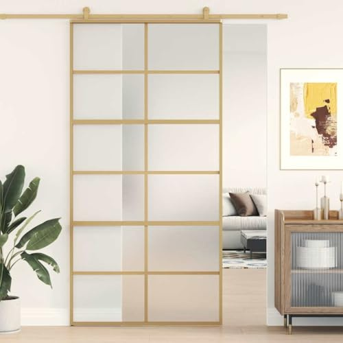 Ordellia Schiebetür Golden 102,5x205 cm Matt ESG-Glas Aluminiumrahmen mit Glaseinsatz, Beschlag und Dichtung, für Wohnungseingang und Nebeneingangstür, mit Schallschutz und Einbruchschutz