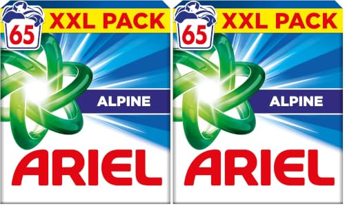 Ariel Alpine, Lessive en Poudre, 65 Lavages (3.7kg), Action Détachante En 1 Seul Lavage, Dissolution Rapide Même à Froid, Fabriqué en France (Lot de 2)