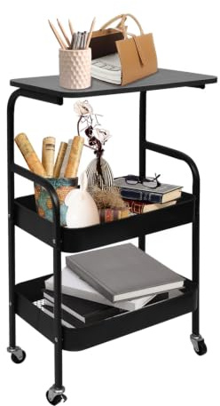 Rollwagen mit 3 Ebenen und Ablageplatte, Schmaler Küchenwagen,Schwarz | 42x28.5x74 cm | Mobiler Servierwagen | Aufbewahrungswagen mit Korb | für Küche, Wohnzimmer, Bad, Büro